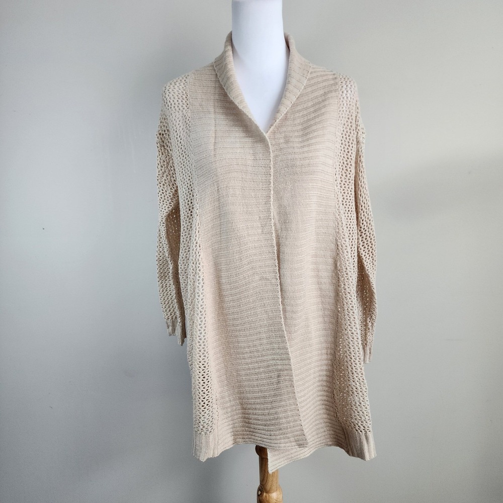 Suzy Shier Crochet Cardigan Womens Medium Beige Knit Shawl Collar Boho Lace Tan